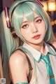 A girl with long green hair wearing headphones.