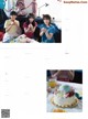 A magazine page with a picture of a group of people eating cake.