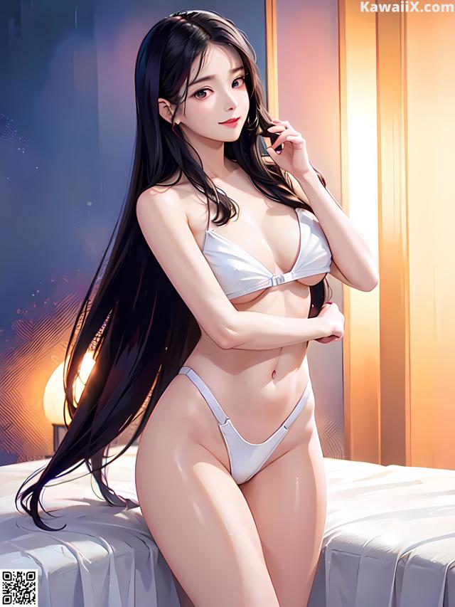 A woman in a white bikini sitting on a bed.