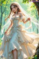 A woman in a wedding dress standing in the woods.