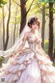 A woman in a wedding dress standing in the woods.