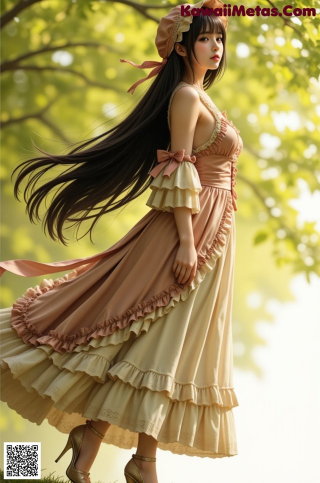 A woman in a long dress and hat standing in the grass.